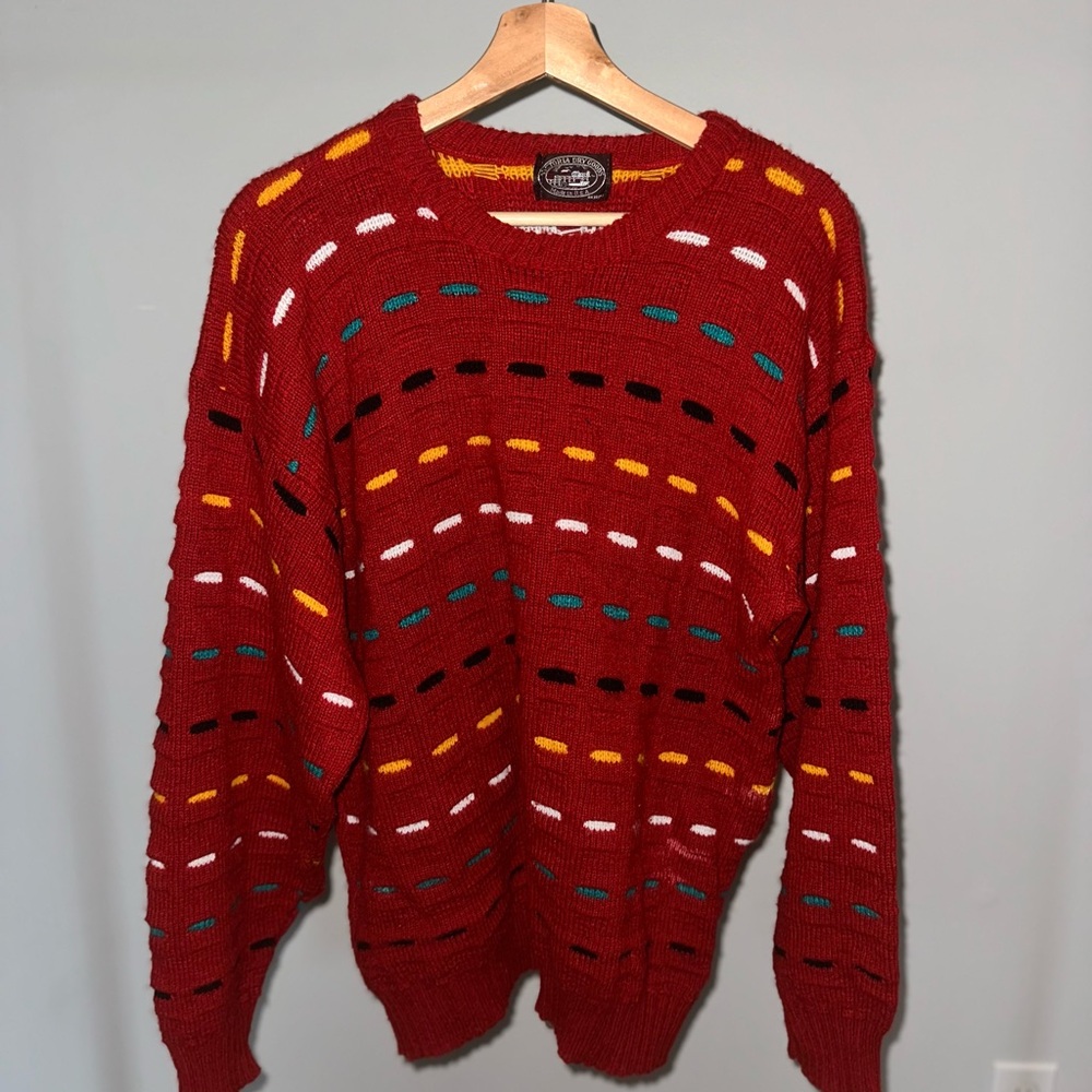 Victoria Dry Goods Red Crewneck Sweater with Multicolor Stripes